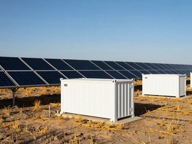 Wide-angle view of Sainshand solar panels paired with white BESS containers under crisp, high-contrast sunlight.