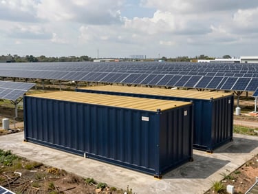 Heavy industrial BESS containers sitting adjacent to a massive solar array under sharp overcast daylight, wide-angle cinematic lens