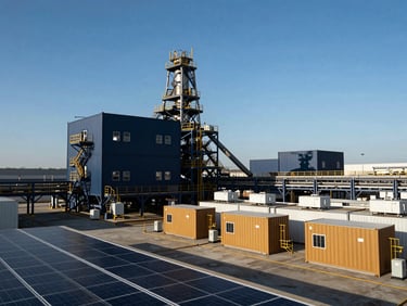 A modern industrial mining facility with rooftop solar installations and containerized energy storage units, crisp high-contrast sunlight
