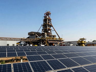 Heavy industrial mining facility with a large-scale solar array in the foreground under clear, sharp daylight.