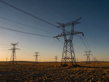 High-voltage transmission line towers stretching across the vast Mongolian steppe at golden hour, industrial landscape photography