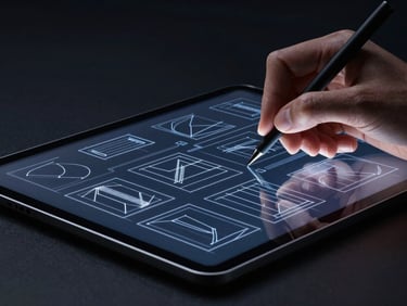 Sleek editorial photograph of hands sketching wireframes on a tablet, abstract geometric light patterns reflecting on the screen, cool high-contrast studio lighting, 35mm