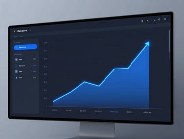 Sleek editorial photograph of a modern UI/UX dashboard displaying a sharp upward trend in revenue, electric blue highlights, cool high-contrast studio lighting, 35mm
