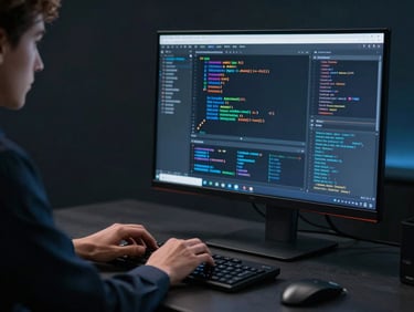 Sleek editorial photograph of a professional strategist typing on a keyboard, code snippets and data visualizations on a monitor in the background, cool high-contrast studio lighting, 35mm