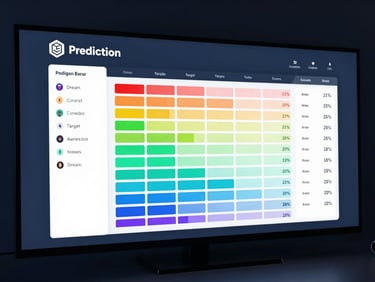 A high-fidelity dark UI mockup of a college prediction matrix, showing color-coded dream, target, and safe schools with probability percentages, cool blue ambient glow