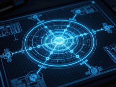Blueprint schematic of localized space-time vector manipulation, stark cyan terminal glow, high-contrast cool-toned shadows, macro technical details, 35mm