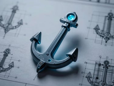 Architectural blueprint of a multi-dimensional structural anchor, stark cyan terminal glow, high-contrast cool-toned shadows, macro technical details, 35mm