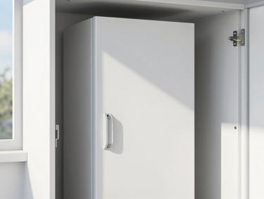 High-end battery storage unit in a modern utility room, clean wiring, sharp focus on technical details, bright natural daylight, 35mm.