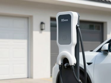 Modern EV charging station installed at a residential home, vehicle partially visible, bright natural daylight, crisp technical photography, 35mm.