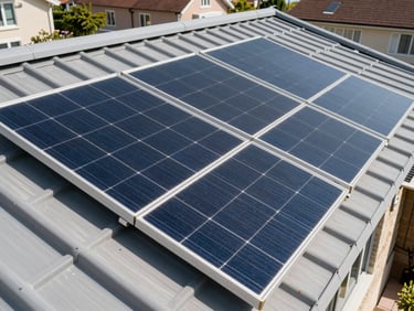 Clean modern photovoltaic panels on a residential roof, bright natural daylight, crisp technical photography, 35mm.