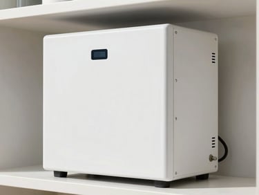 Crisp technical photography of a high-end home battery storage unit, sleek design, clean modern electrical installations, bright natural daylight, sharp focus.
