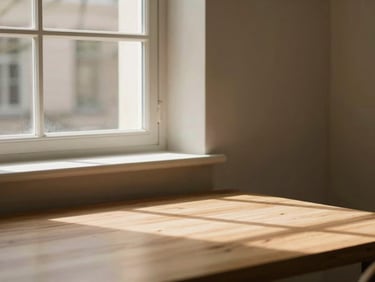 Elegant interior window with soft morning light casting shadows on a clean wooden table, architectural detail, warm editorial photography, 35mm lens