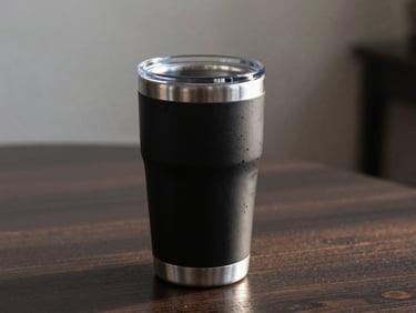 Close-up of a matte black double-walled insulated coffee tumbler on a dark wooden table, soft morning light from the side