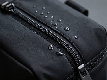 Close-up of a matte black waterproof tech pouch with water droplets, focused on the seam sealing and zipper
