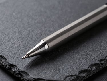 Macro shot of a matte black titanium mechanical pencil resting on dark textured slate, sharp directional side light