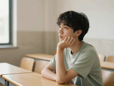A student in deep contemplation in a quiet classroom setting, soft natural daylight, warm stone tones, shallow depth of field, 35mm