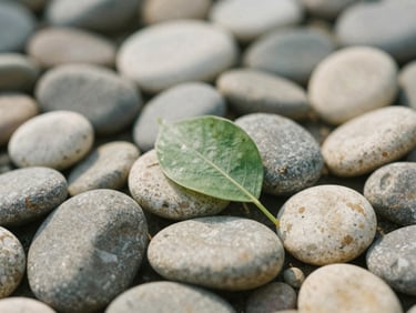 Natural elements like smooth river stones and a single green leaf in soft focus, diffused natural daylight, 35mm