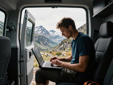 Raw documentary portrait of a focused outdoor athlete reviewing data on a rugged laptop inside a mobile van basecamp, high-contrast natural light.