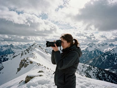 Raw documentary portrait of a female outdoor photographer holding a professional camera on a snowy mountain ridge, dramatic overcast sky, sharp focus.