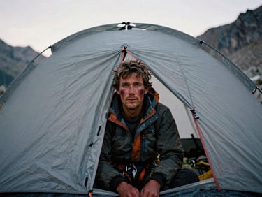 Raw documentary portrait of a rugged male mountaineer with wind-burned cheeks inside a high-altitude basecamp tent, soft natural light, desaturated alpine tones.