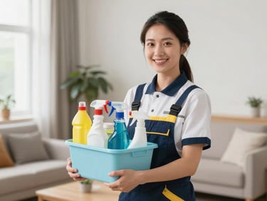 A professional female cleaner in a neat uniform smiling while holding organized cleaning supplies in a bright, modern living room