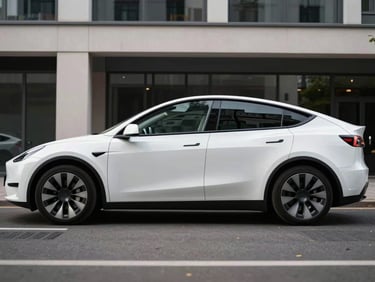 Gleaming white Tesla Model Y parked in a clean modern urban setting in Frankfurt, side profile, showing spacious passenger doors.