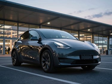 Low-angle shot of a clean, gleaming dark Tesla Model Y parked in front of a modern Frankfurt airport terminal at dusk, cool-toned city lights reflecting on the car body.