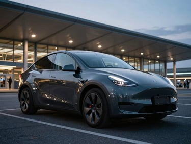 Low-angle shot of a clean, gleaming Tesla Model Y parked in front of a modern Frankfurt Airport terminal at dusk, cool evening city lights reflecting on the dark car body.