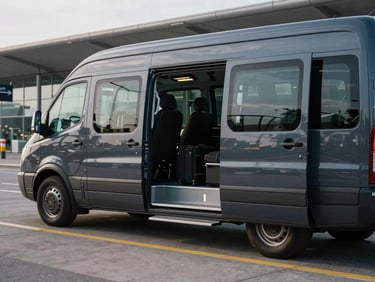Spacious modern dark-colored minibus parked near Frankfurt Airport terminal, side view showing open sliding doors and ample luggage space.