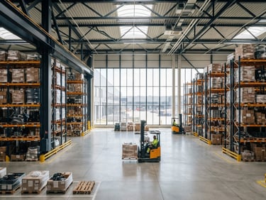 Wide-angle shot of a modern, clean logistics hub interior, showing neatly stacked industrial goods in a high-ceiling warehouse, bright natural daylight streaming from large windows, sharp focus, 35mm lens.