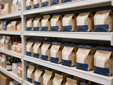 Close-up of high-quality packaged goods neatly arranged on shelves in a clean, organized warehouse, bright natural daylight, sharp focus.