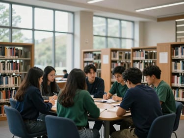 A wide shot of a modern university campus library, students collaborating around a table, soft natural light, deep navy and emerald tones, 35mm