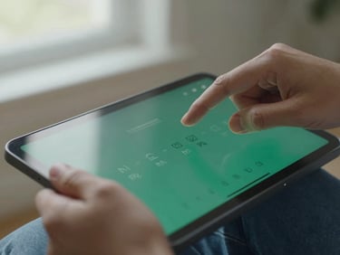 Close-up of hands interacting with a clean, modern assistive technology interface on a tablet, showing real-time translation, soft natural light, deep navy and emerald tones, 35mm