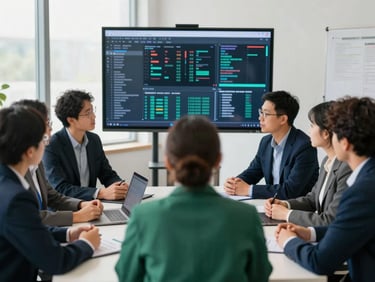 A diverse group of researchers in a collaborative meeting, engaging in discussion with a large screen displaying complex data, soft natural light, deep navy and emerald tones, 35mm