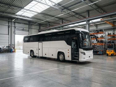 Wide-angle exterior three-quarter view of a modern commercial bus parked in a clean warehouse, bright overcast outdoor daylight, realistic industrial tones, sharp focus, 35mm lens