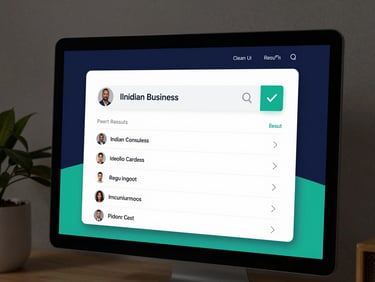 Clean UI wireframe mockup of a search engine results page on a desktop screen, featuring an Indian consultant business listed at the top with a green checkmark, flat design, deep navy and teal accents, high contrast, no people.