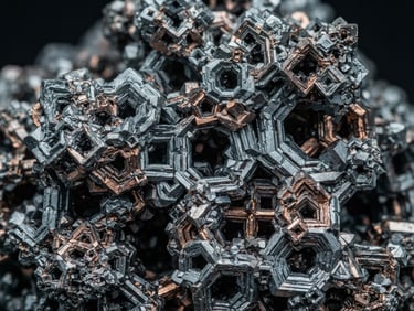 Macro technical photography of engineered zeolite crystal structures, high-contrast industrial lighting, sharp geometric mineral facets, cool slate and copper tones, 50mm lens