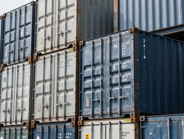 Clean environmental shot of modern shipping containers and industrial transport infrastructure, high-contrast cool daylight, 50mm lens