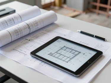 An organized construction site office with rolled blueprints, technical specifications, and a digital tablet showing structural schematics.