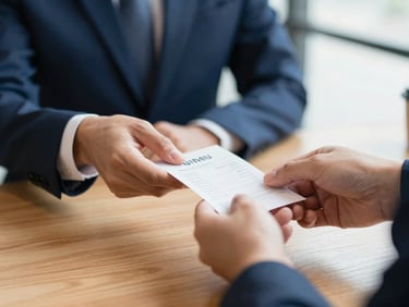 Close-up of hands exchanging a secure payment receipt over a wooden counter, professional corporate lighting, warm tones