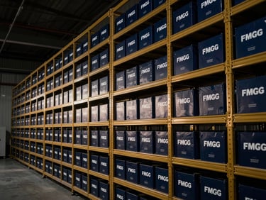High-end logistics facility for FMCG products, clean and structured, low-key side-lighting, 35mm.