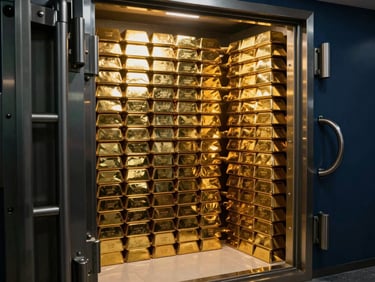 Secure vault environment with stacks of gold bars, dramatic low-key side-lighting, metallic highlights, 35mm.