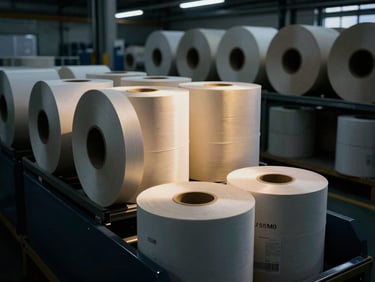 Industrial paper rolls in transit within a clean, high-tech logistics facility, low-key side-lighting, 35mm.