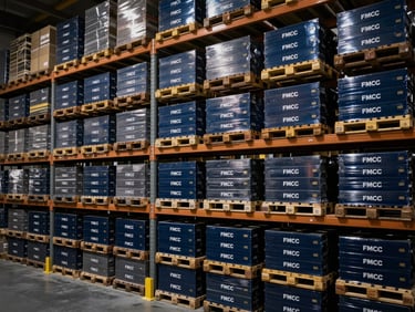 Clean, high-end FMCG logistics warehouse with organized pallets, low-key side-lighting, 35mm.