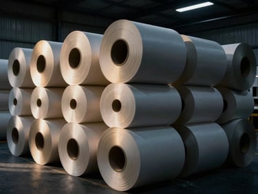 Large industrial paper rolls stacked in a clean, modern warehouse, low-key side-lighting, 35mm.