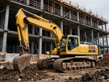 Low-angle dynamic shot of a yellow heavy excavator grading dark earth on a massive construction site, steel structures visible in the background, high-contrast natural daylight, industrial editorial style