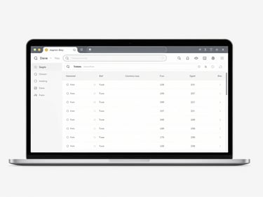 Symmetrical browser mockup showing a clean data table and elegant charcoal UI elements, neutral lighting, pure white background