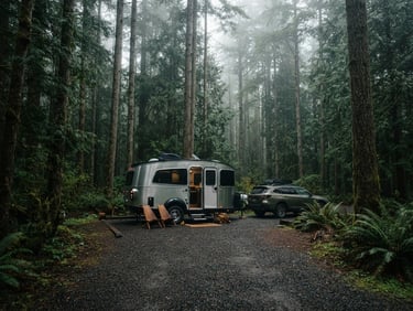 Wide-angle eye-level shot of a modern travel trailer parked in a spacious gravel site under tall towering Douglas fir trees, soft misty morning light, Pacific Northwest forest atmosphere.