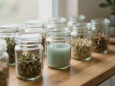 Natural herbal ingredients in clean glass jars on a wooden counter, soft daylight, warm tones, 35mm photography