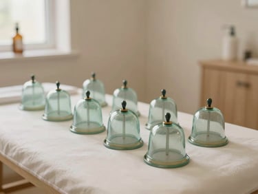A clean, minimalist treatment room showing glass cupping therapy setup, soft natural light, serene atmosphere, 35mm clinical photography